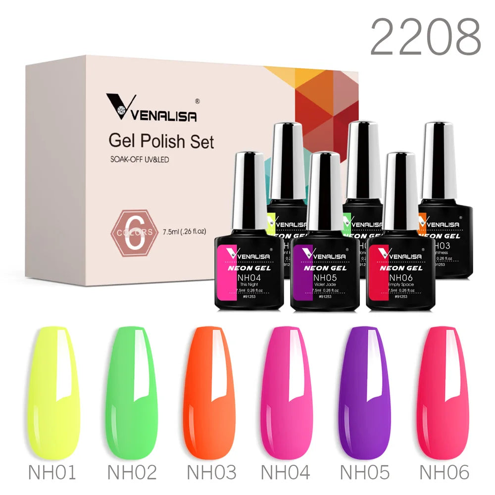 Venalisa gel polish set with neon lime, green, orange, purple, and pink swatches, 2208