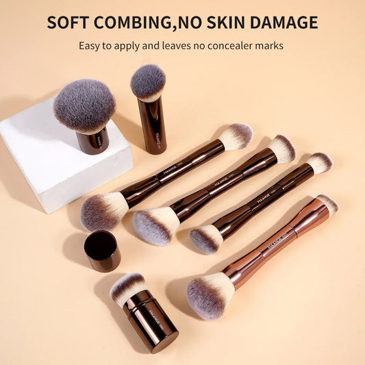 MAANGE makeup brush set with multiple double-ended brushes and round powder brushes, dark handles