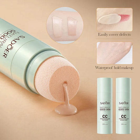 CC stick concealer with beige cream swatch on sponge, showing texture