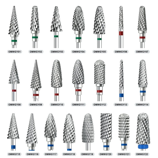 Assorted tungsten carbide nail drill bits with green, red, and blue collar holders