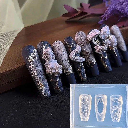 Silicone 3D snake girl nail carving mold tray with three relief nail cavities
