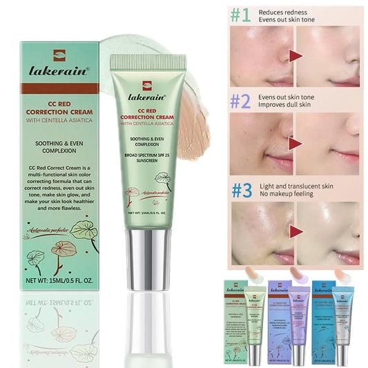 Green CC red correction cream tube with silver cap and Centella label