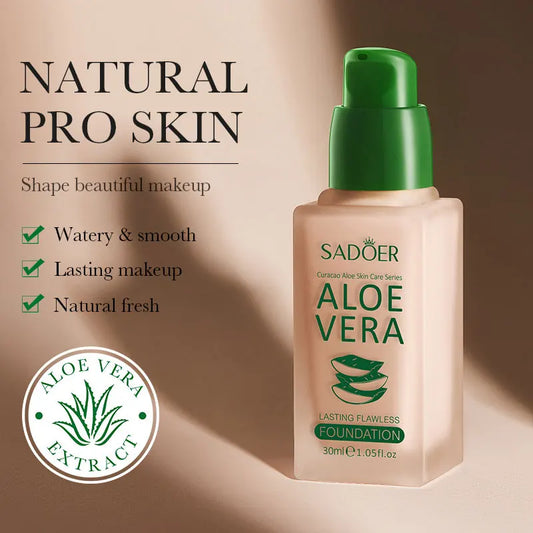 Aloe vera liquid foundation bottle with green cap and box, light ivory shade