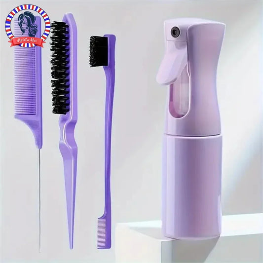 Hairdressing tool set with purple spray bottle, rat-tail comb, and styling brushes (4 pcs).
