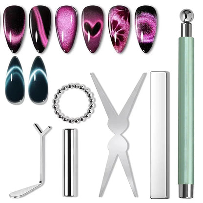 YIKOOLIN 6Pcs Cat Eye Magnet Set French Tip Heart & Flower Design Nail Art Gel Polish Manicure Tools for DIY Nail Art