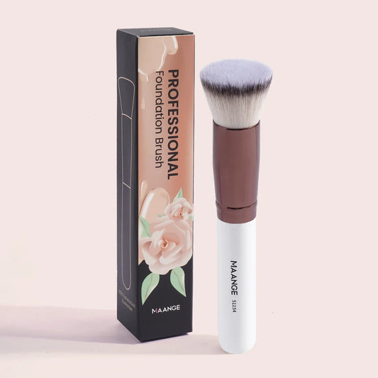 Foundation makeup brush with white handle, rose-brown tube, and dense soft bristles