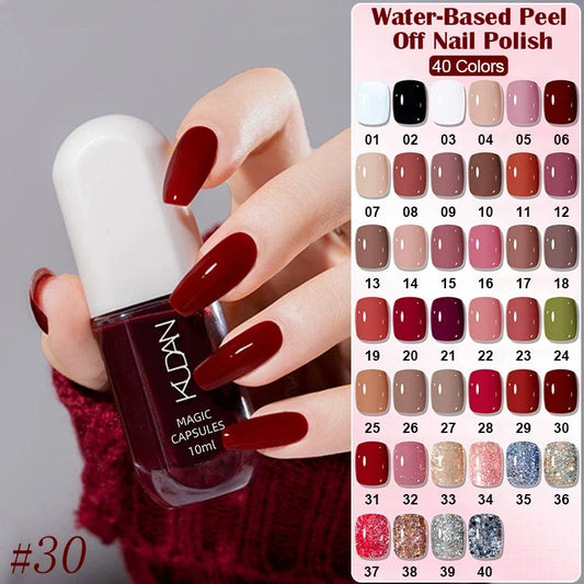 Peel-off nail polish bottle with dark red manicure and color swatches, 40 shades