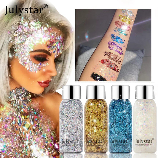 Glitter face and body shimmer gel with multicolor holographic sequins.