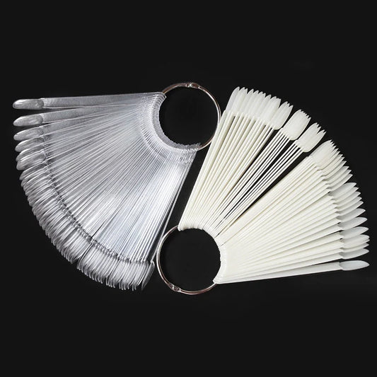 Clear oval nail tip display sticks with metal ring, fanned swatch set