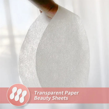 Disposable eye pad sheet, translucent white material on a closed eye
