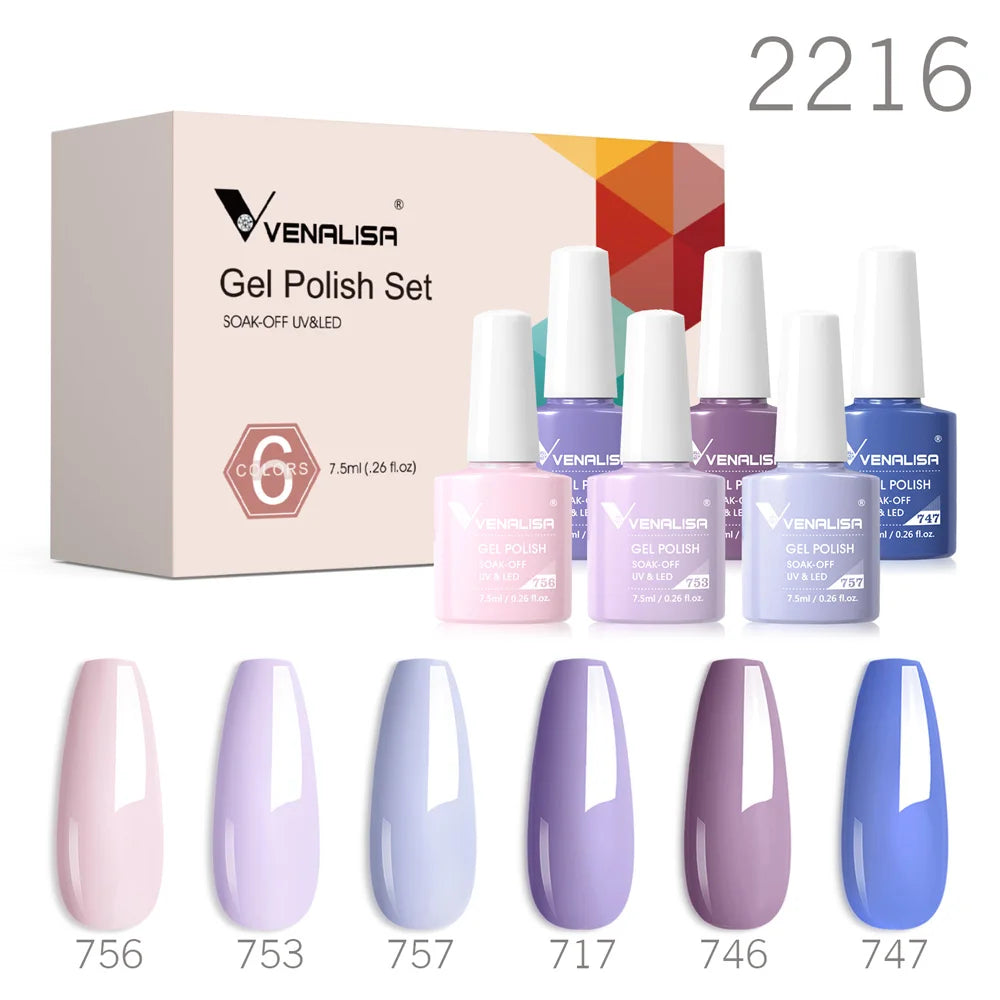 Venalisa gel polish set with pastel jelly shades and 6 nail color swatches, code 2216