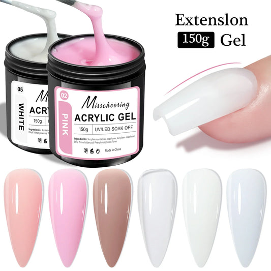 Acrylic gel nail extension jar with pink gel and pale pink nail swatches