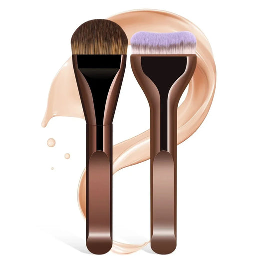 Two foundation makeup brushes with tapered handles: one beige bristles, one purple-tinted bristles