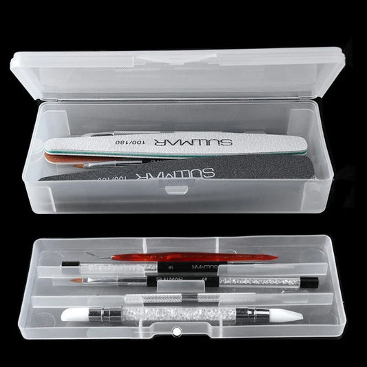 Double-layer clear plastic nail tool storage box, open with nail buffers and tools