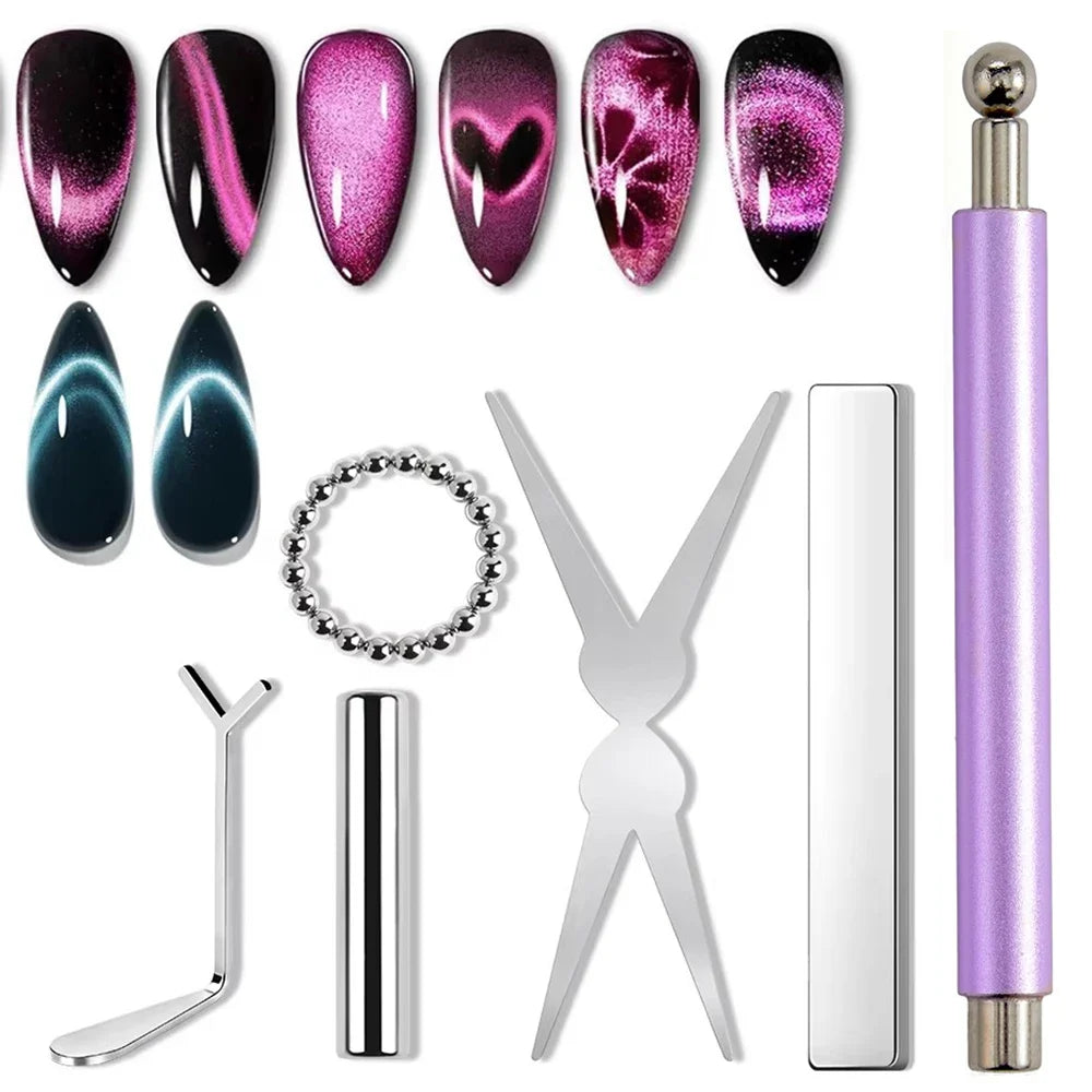 YIKOOLIN 6Pcs Cat Eye Magnet Set French Tip Heart & Flower Design Nail Art Gel Polish Manicure Tools for DIY Nail Art