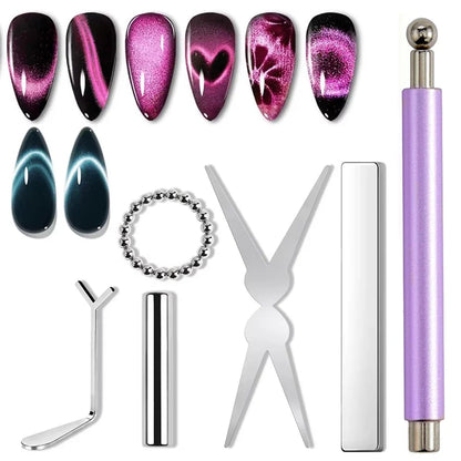 YIKOOLIN 6Pcs Cat Eye Magnet Set French Tip Heart & Flower Design Nail Art Gel Polish Manicure Tools for DIY Nail Art