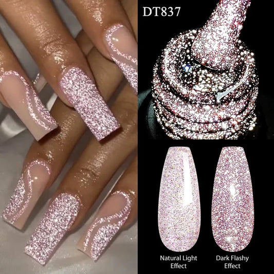 Reflective glitter nail gel polish, light rose glitter French tips on nude nails