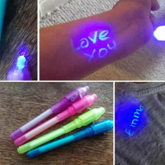 Invisible ink spy pen set with UV light, glowing purple message on a hand