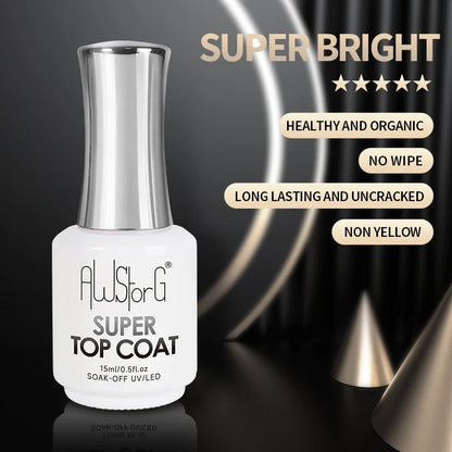 AWStorG 15ML Super Top Coat Nail Art Gel Varnish Semi Permanent Soak Off No Wipe UV Gel Varnish Shining Clear Top Coat