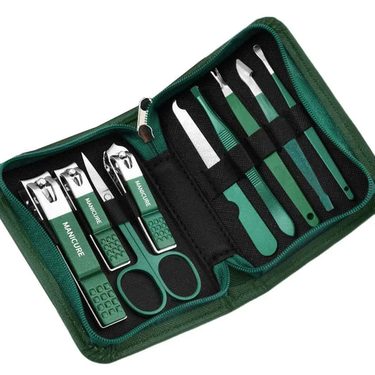 Green nail care kit in zippered travel case with multiple stainless steel tools