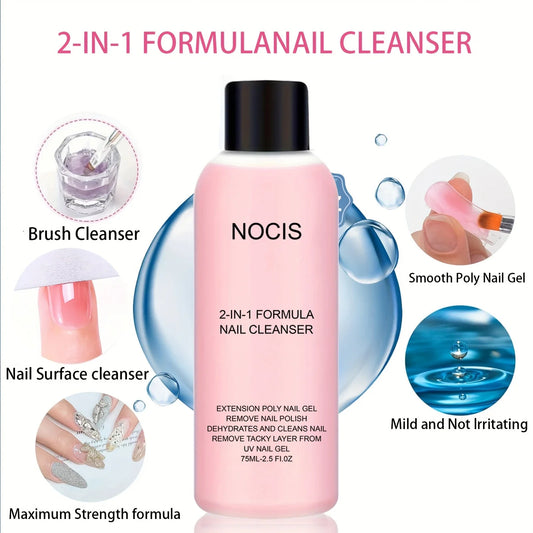 NOClS 2-in-1 nail cleanser bottle with blue splash graphics, pink gel, black cap