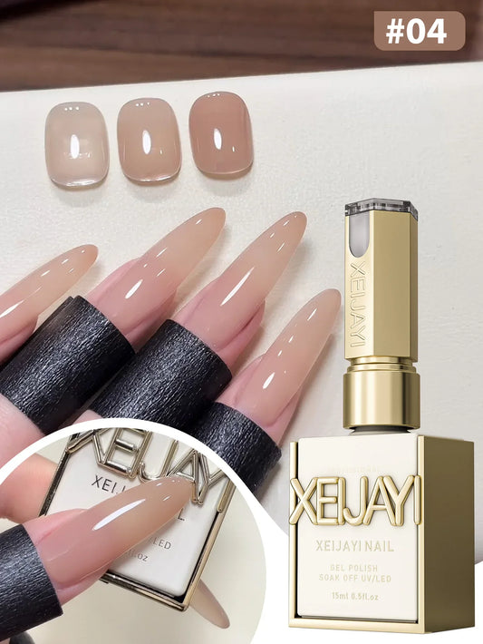 Nude nude gel nail set in shades #04 with polish bottle and sample nail tips