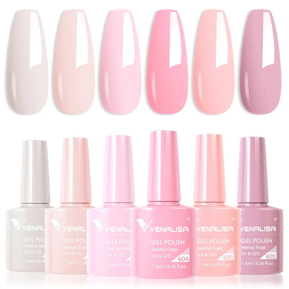 Jelly color gel polish set with six bottles and nail swatches in pink tones