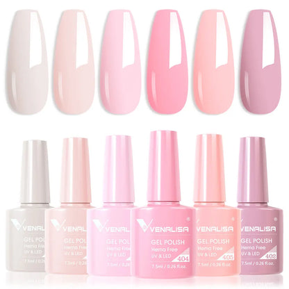 Jelly color gel polish set with six bottles and nail swatches in pink tones