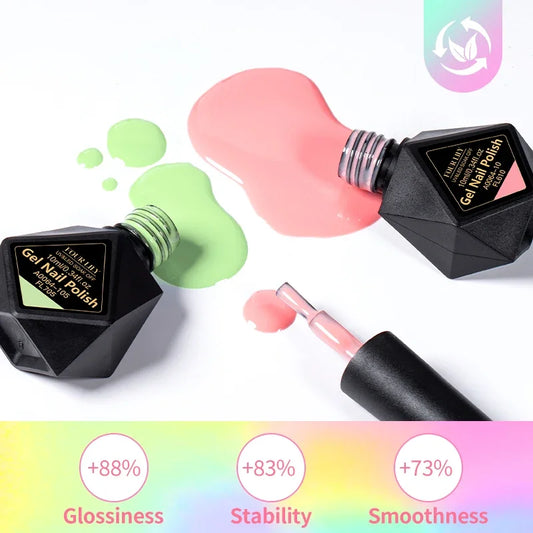 Gel nail polish bottle, dropper, and pink gel smear with green blob beside it