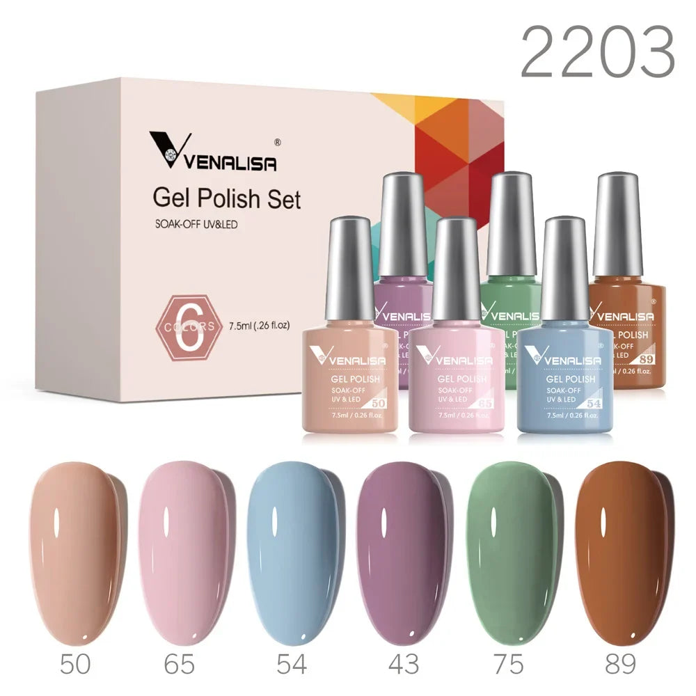Venalisa gel polish set with nude, lilac, blue, plum, sage green, and brown swatches, 2203