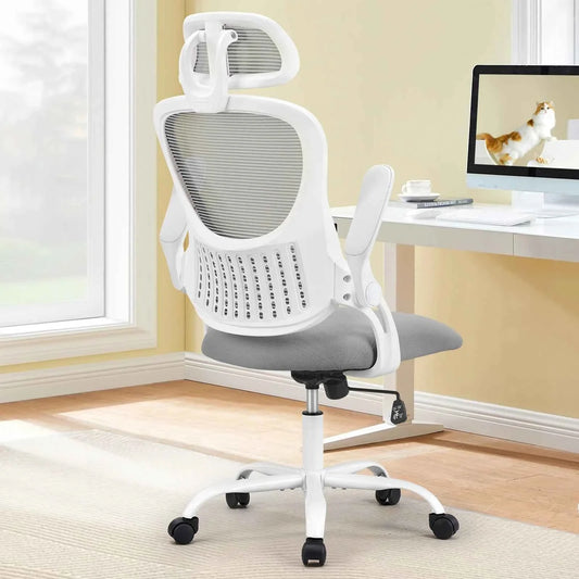 Light gray mesh ergonomic office chair with flip-up arms and adjustable headrest
