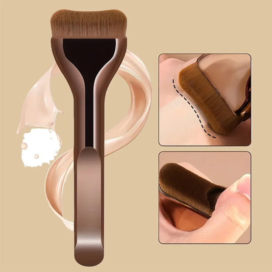 Curved foundation makeup brush with soft brown bristles and chocolate-toned handle