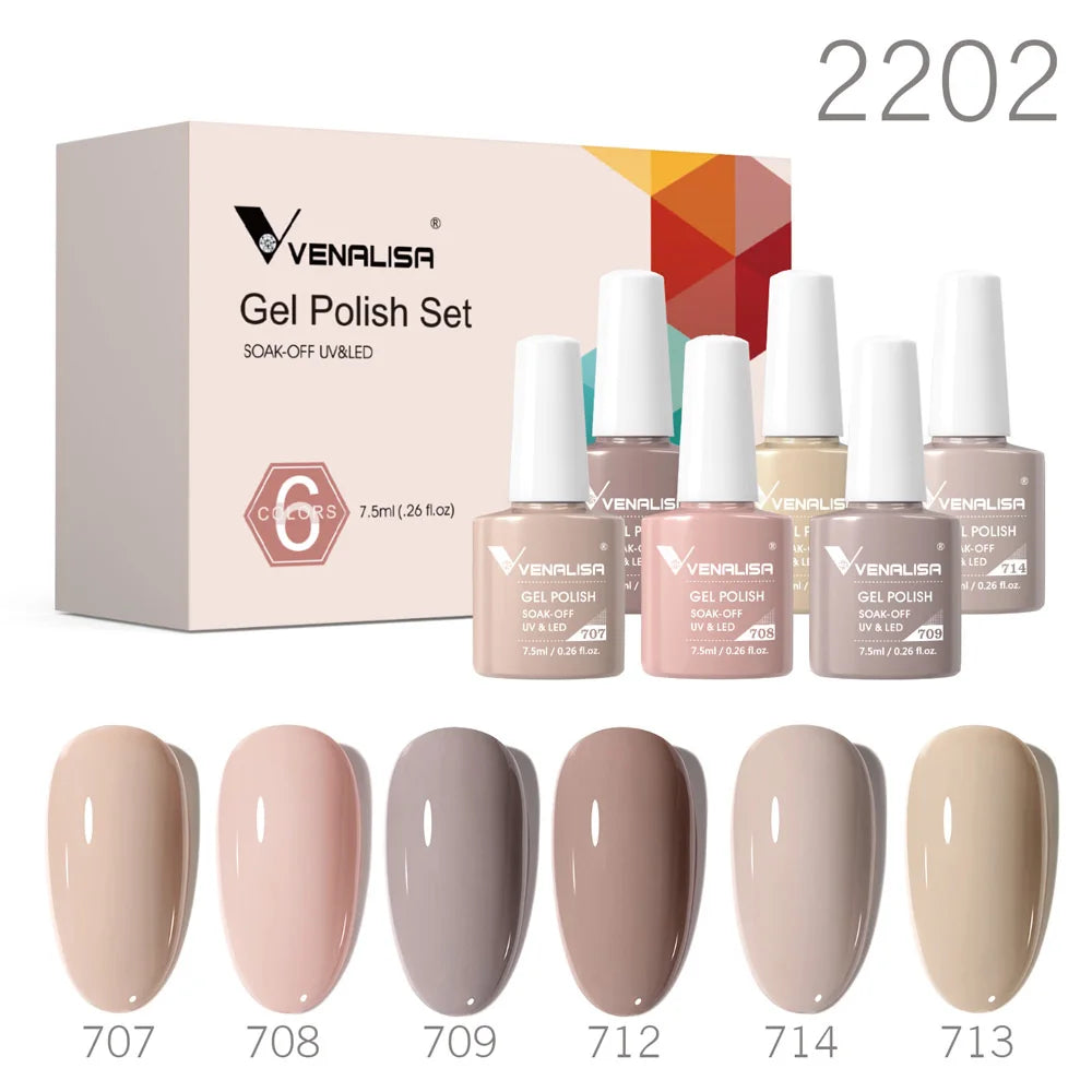 Venalisa gel polish set with nude-brown jelly shades, 2202, six bottles and swatches