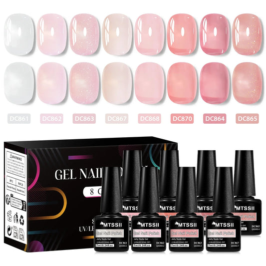 8-color translucent nude gel nail polish set with bottles and box, pink and nude shades