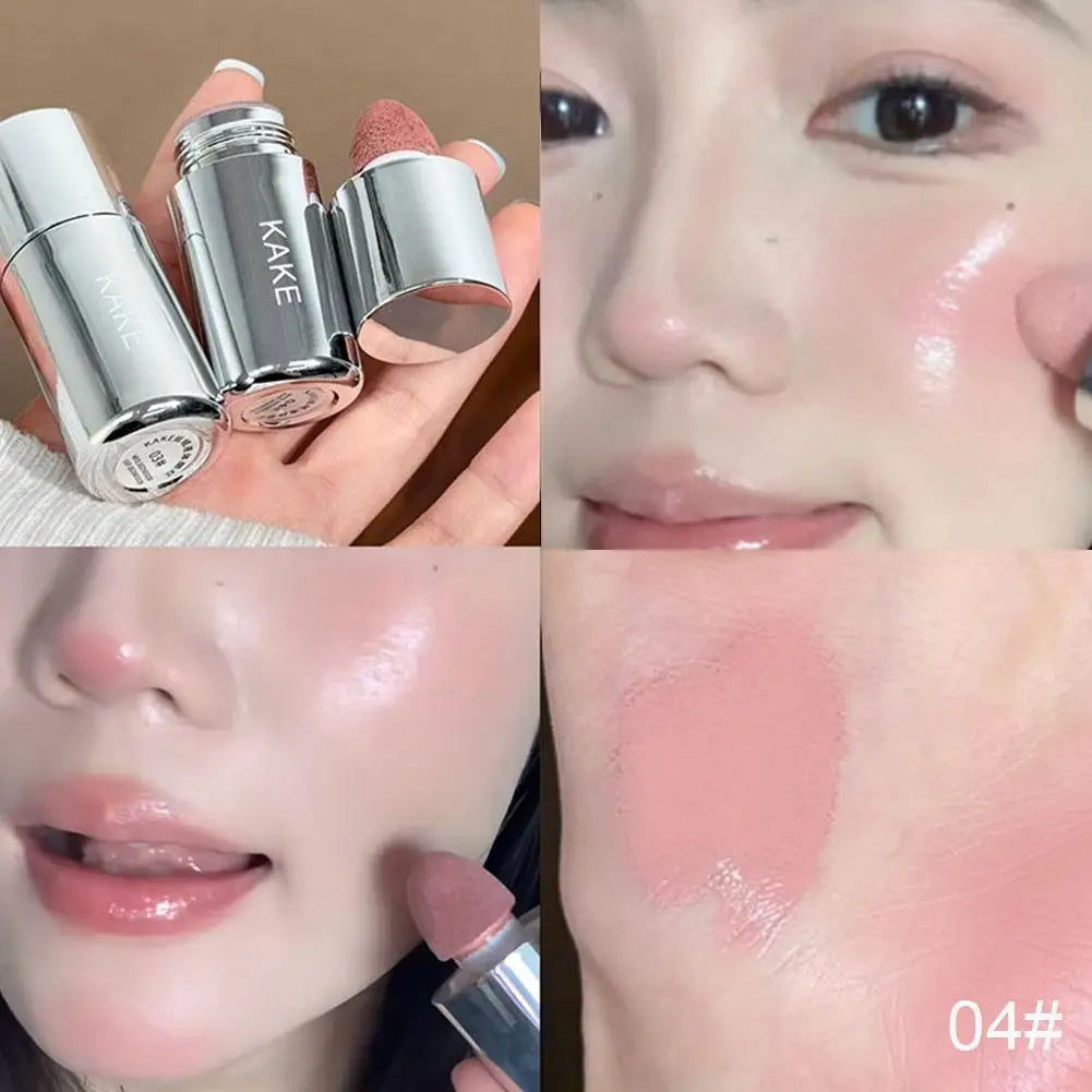 Pink liquid blusher sponge applicator; cheek and lip swatches shown