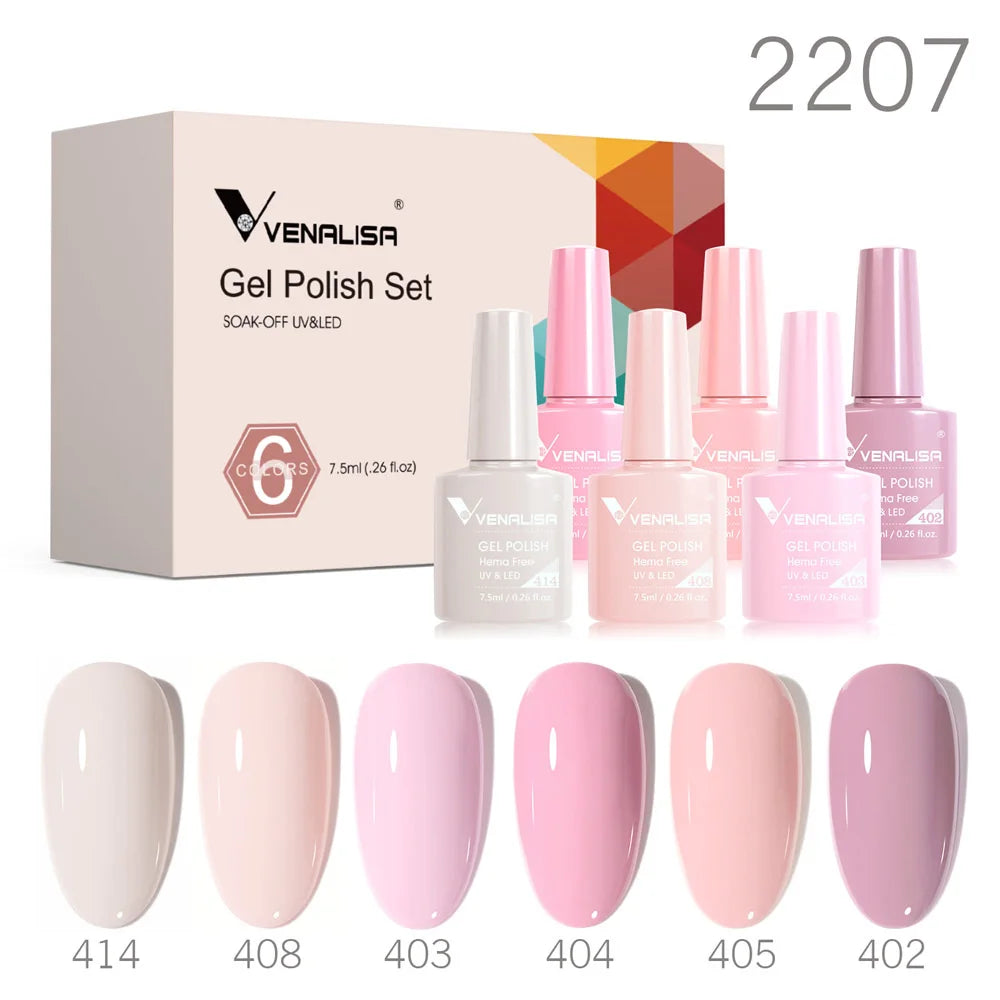 Venalisa gel polish set with pink jelly shades, 2207, six bottles and nail swatches