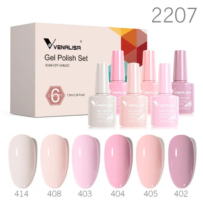 Venalisa gel polish set with pink jelly shades, 2207, six bottles and nail swatches