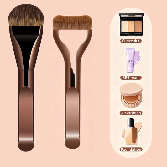 Makeup foundation and blending brush set with soft dense bristles, brown handles, 2-piece