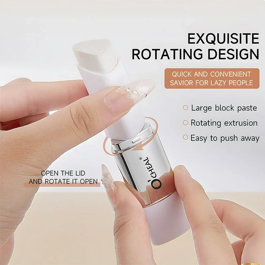 Foundation stick with rotating open lid and push-up design, white twist top.