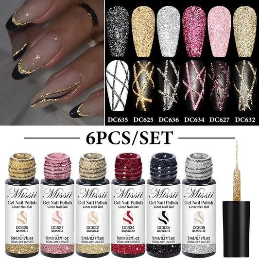 Reflective glitter nail liner gel set with gold, silver, pink, and black glitter line swatches