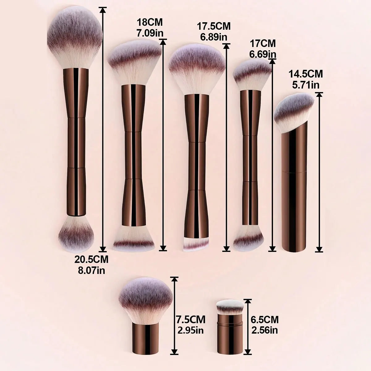 7pcs Professional Makeup Brush Set, Includes: 4pcs Dual-Ended Face Brushes, 1pc Angled Brush, 1pc Short Handle Foundation Brush,