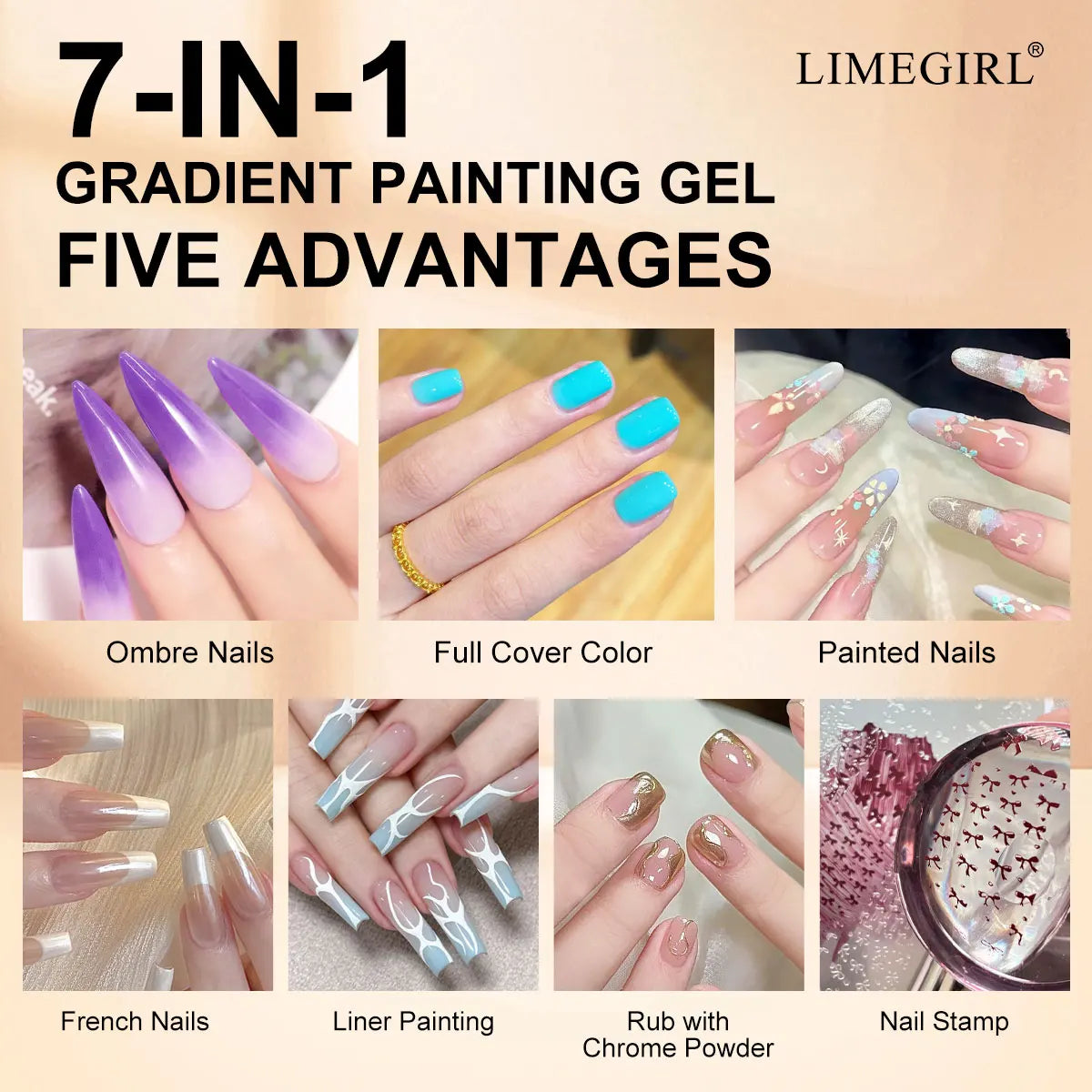 LIMEGIRL 7in1 Nail Gradient Painting Gel Long-lasting Nail Gel Polish Hybrid Color Nail Art Design High Texture Gradient Gel