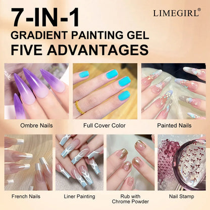 LIMEGIRL 7in1 Nail Gradient Painting Gel Long-lasting Nail Gel Polish Hybrid Color Nail Art Design High Texture Gradient Gel