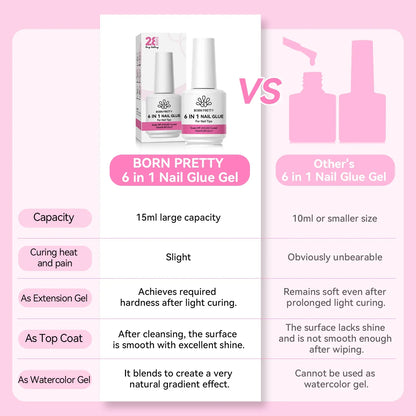 BORN PRETTY 6 IN 1 Nail Glue Gel 15ML for Acrylic Nails Soak off Base Gel Top Coat UV Extension Nail Gel False Nail Tips Gel