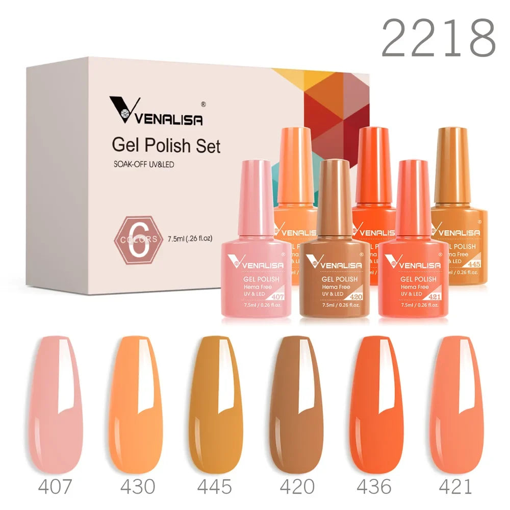 Venalisa gel polish set with orange jelly shades, 2218, six bottles and nail swatches