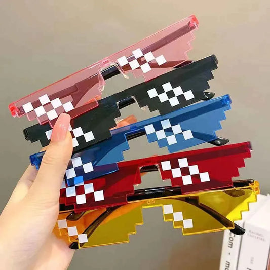 Assorted pixel mosaic sunglasses (5-pack) in red, blue, black, pink, and yellow