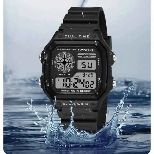 Men’s digital sports watch with black silicone strap and rectangular LCD display