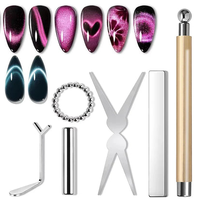 YIKOOLIN 6Pcs Cat Eye Magnet Set French Tip Heart & Flower Design Nail Art Gel Polish Manicure Tools for DIY Nail Art