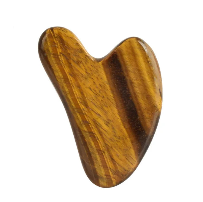 Facial gua sha stone tool, tiger-eye brown heart shape with golden stripes