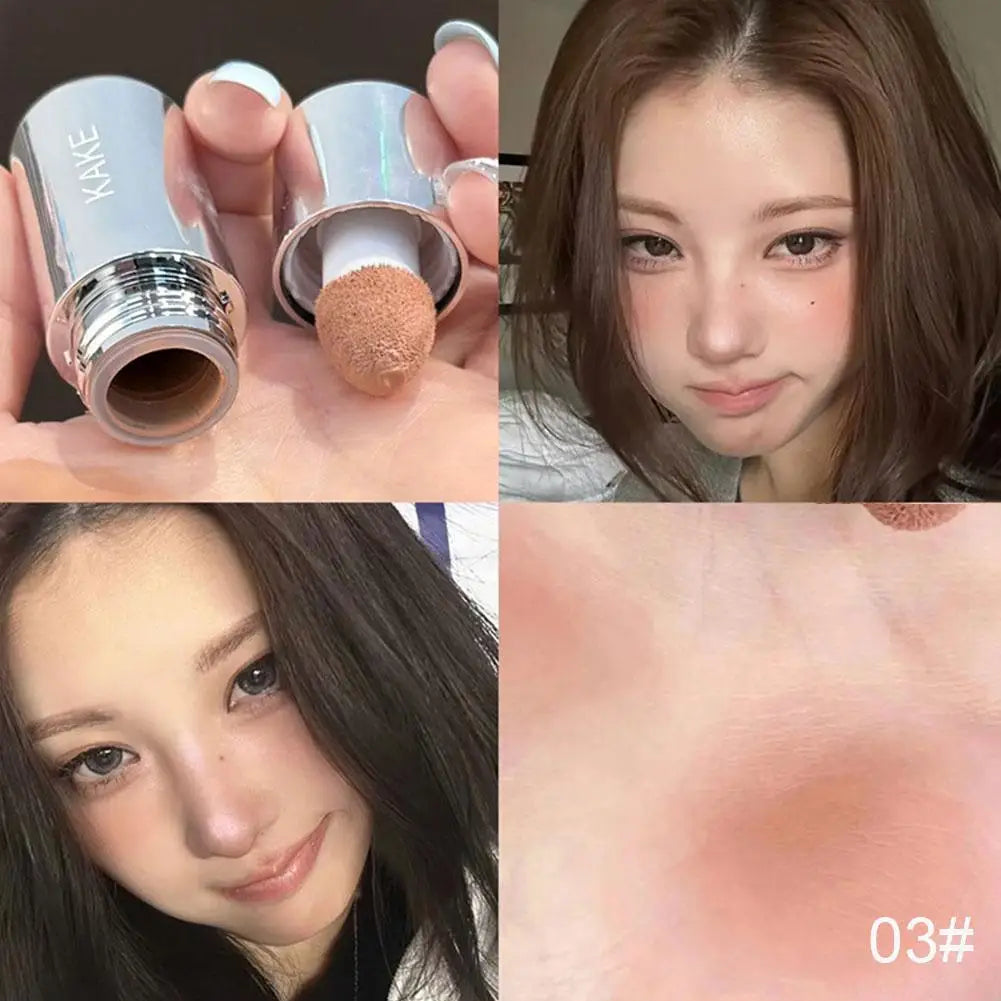 Three liquid blush sticks with sponge tips; cheek swatches and applicator shown